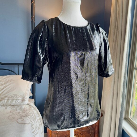 See By Chloe Black Shiny Metallic Short Sleeved Top - Picture 3 of 14